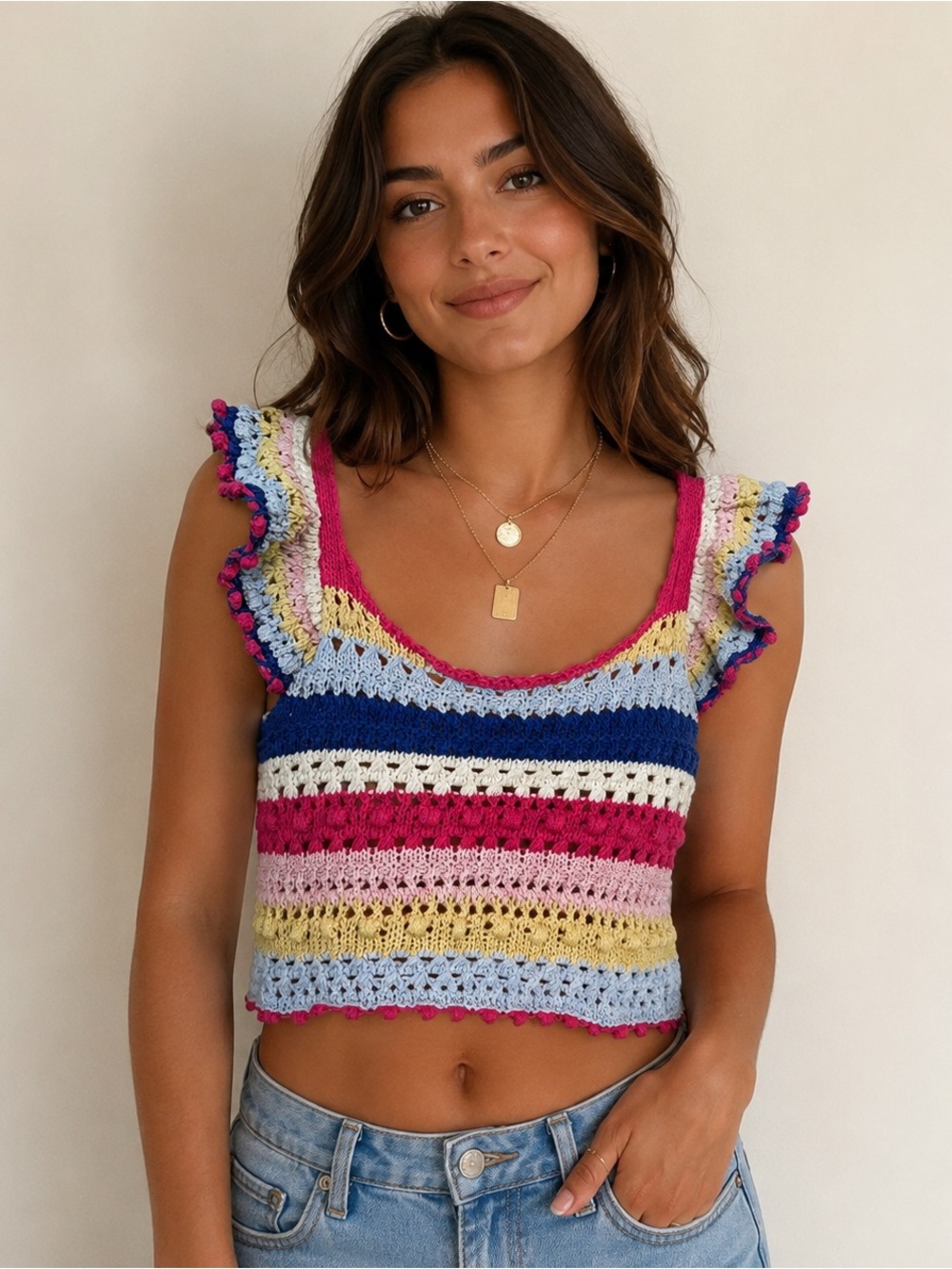 Zara Multicolor Crochet Ruffle‎ Crop Top Women’s S Boho Festival Y2K